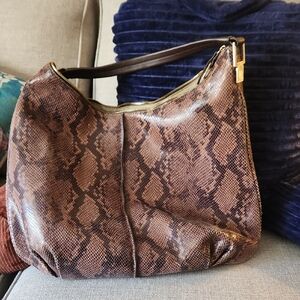 Snake-Print Shoulder Hobo Bag in Brown